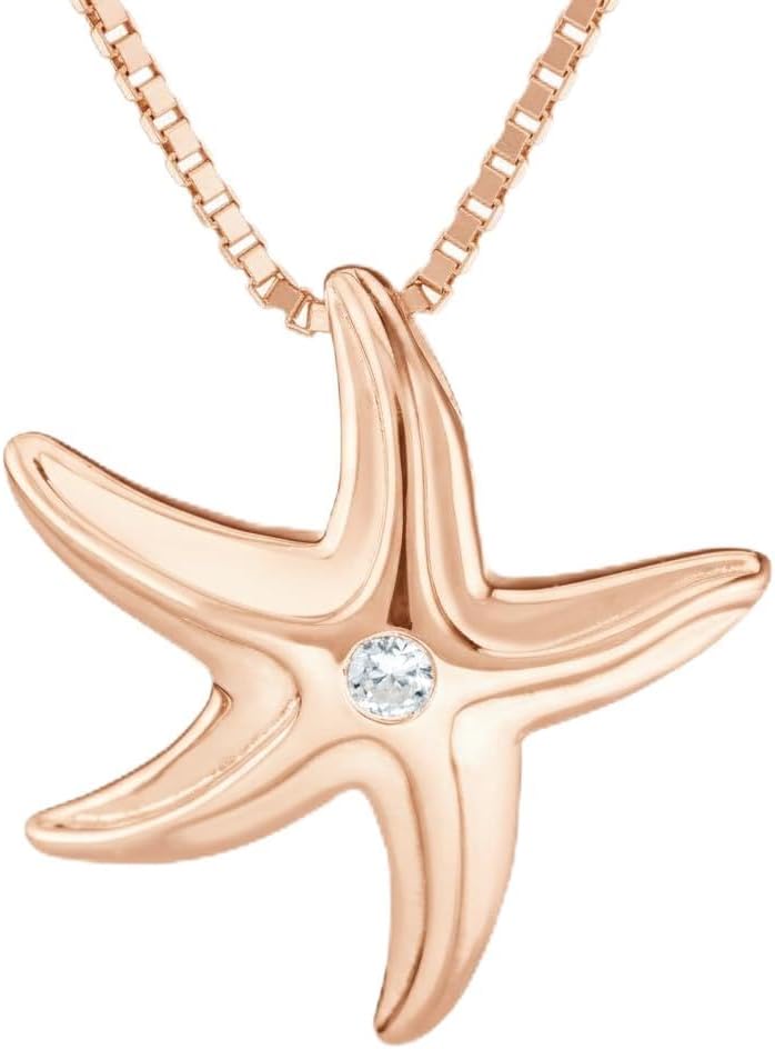 925 Sterling Silver Starfish Necklace Pendant with 18" Box Chain, Moissanite Cubic Zirconia, Nickel Free Hypoallergenic for Sensitive Skin, Tropical Island Hawaii Jewelry for Mom Daughter, Gift Box Included