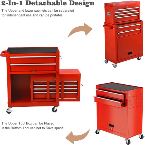 8-Drawer Rolling Tool Chest & Removable Tool Box With Locking System, Tool Box Organizer With 4 Wheels&Hooks, Large Capacity Garage Storage Cabinet For Warehouse And Repair Shop(Red) #TOP1