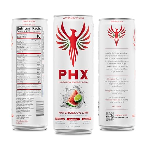 Image of PHX Hydration Energy Drink - 700mg Electrolytes, 200mg Natural Green Tea Caffeine, 100% Daily Value 8 Essential Vitamins - 12 oz Cans (12 Pack, Watermelon Lime)