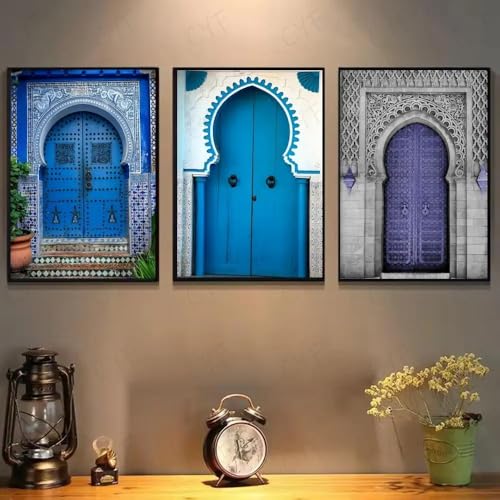 Póster de arte árabe con diseño de puerta de Marruecos, impresión para el hogar, sala de estar, dormitorio, entrada, bar, cafetería, pintura artística decorativa (30 x 40 cm, 3 piezas sin marco)