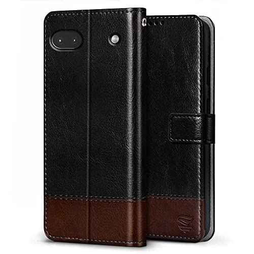 Image of FLIPPED Vegan Leather Flip Case Back Cover for Google Pixel 6A (Flexible, Shock Proof | Hand Stitched Leather Finish | Card Pockets Wallet & Stand | Black with Brown)