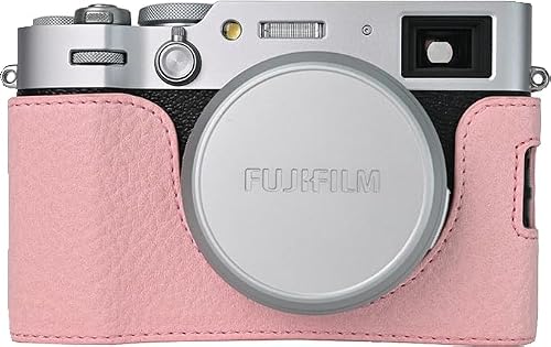 X100VI Case, BMAOLLONGB Handmade PU Lichee Leather Half Camera Case Bag Cover Bottom Opening Version for Fujifilm X100VI with Hand Strap (Pink)