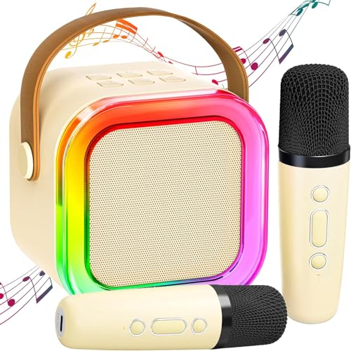 Mini machine à karaoké, idée cadeau pour enfants, cadeau pour enfants, haut-parleur Bluetooth, jouets de Noël, lumières LED, cadeau pour enfants, meilleur cadeau pour filles et garçons, beige