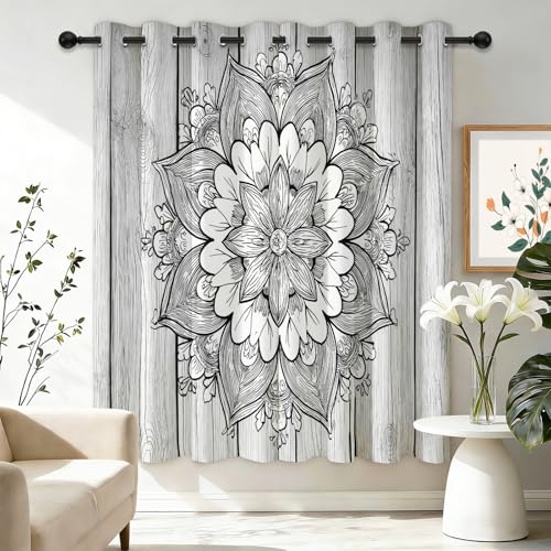 Opacas Cortinas Gris Salon - Simple Mandala Tabla De Madera Estampadas Tema Termicas Aislantes Calor Cortina para Salón Dormitorio, 70An x 145Al cm (2 Paneles) Termicas Cortinas