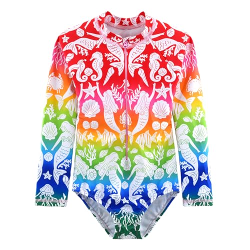 Image of Girls One Piece Swimsuit Long Sleeve Rash Guard UPF 50+ Age 2-12Y