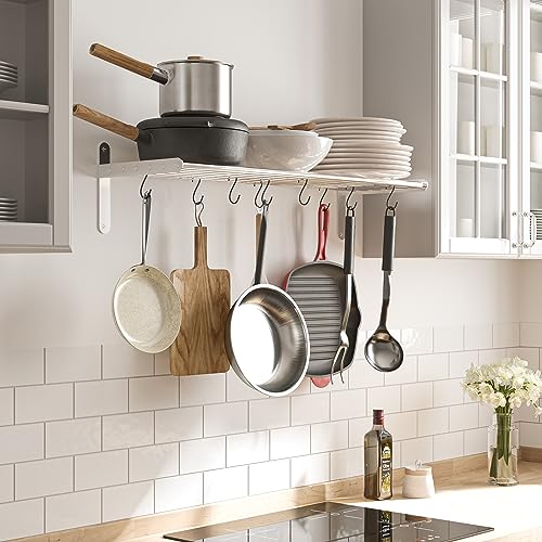 Wallniture HN704 Lyon Kitchen Organization And Storage Rack, Stainless Steel Metal Wall Shelf With 10 S Hooks For Hanging Pots And Pans thumb #3