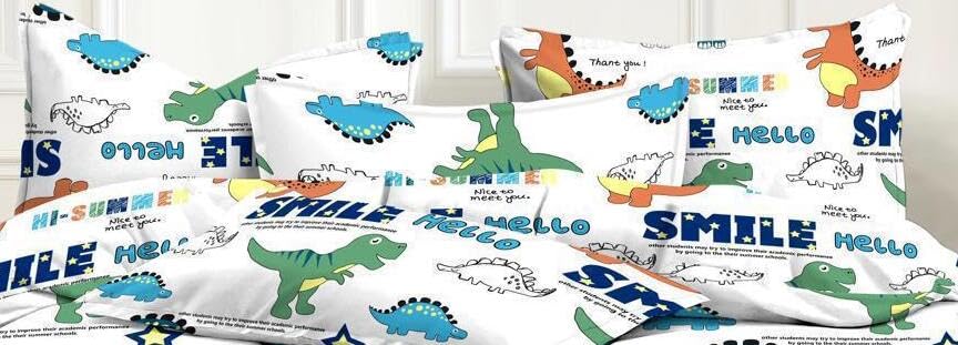 Image of Bedding Set Combo of Double Bed Duvet Cover Set with Fitted Bedsheet & 2 Pillow Covers | 300 TC Cotton Fabric | Zipper Closure |All Round Elastic|Warm Stuff|SED 049|Dinasaur Cartoon | Breathable material