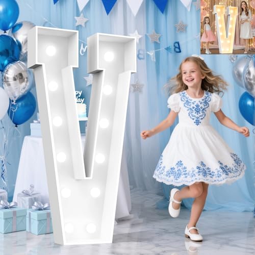 Image of Pooqla 4 FT Marquee Light Up Letters, Cool White and Warm White Giant LED Sign Marquee Letter 4 Feet Tall,Big Mosaic Letter V for Balloons Birthday Party Anniversary Wedding Decorations