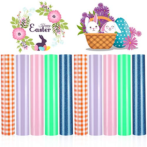 10 Sheets Easter Heat Transfer Vinyl Glitter HTV Heat Transfer Vinyl 5 Assorted Colors HTV Vinyl Buffalo Plaid Iron on Vinyl for Bags Pillows T-Shirts Hats DIY Crafts, 12 x 10 Inch