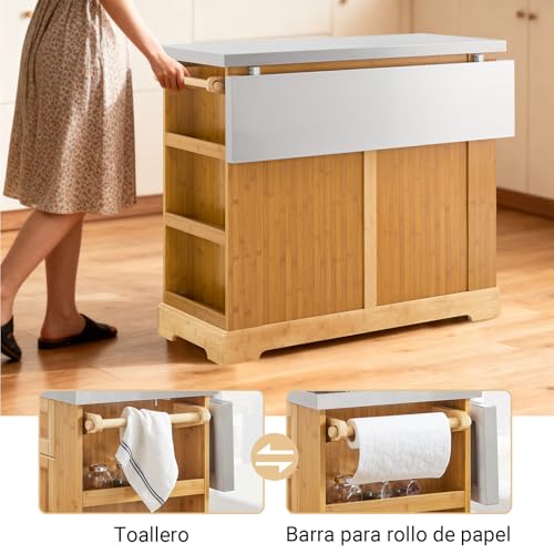 SoBuy Isla de Cocina con Ruedas, Carro de Cocina Auxiliar con Superficie de Trabajo Extensible, Mueble Auxiliar de Cocina Salvaspacio, Mueble Carro de Cocina con Ruedas 107x(46–71) x92,5 cm FKW130-N - imagen 8