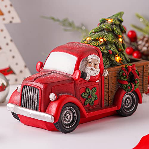 Voltogar Christmas Truck & Santa Statue Tabletop Decoration,Vintage Red Car Figurine Gift with Santa & LED Light Christmas Tree, 7''H Christmas Decorations for Home & Office, Red