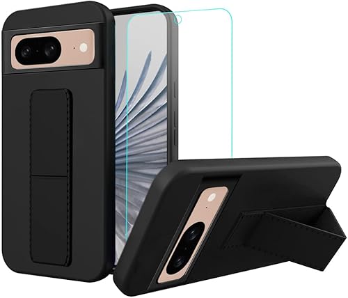 Funda para teléfono Google Pixel 8, Estuche con soporte con protector de pantalla de vidrio templado Ocultar Telescópico Soporte plegable Silicona