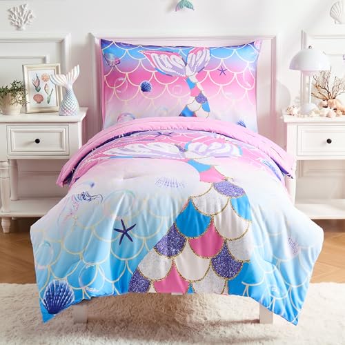 Image of VIVILINEN Mermaid Tail Toddler Bedding Set for Girls, 4 Piece Glitter Toddler Bed Sheets with Boho Toddler Comforter, Fitted Sheet, Flat Sheet and Pillowcase, Pink Blue