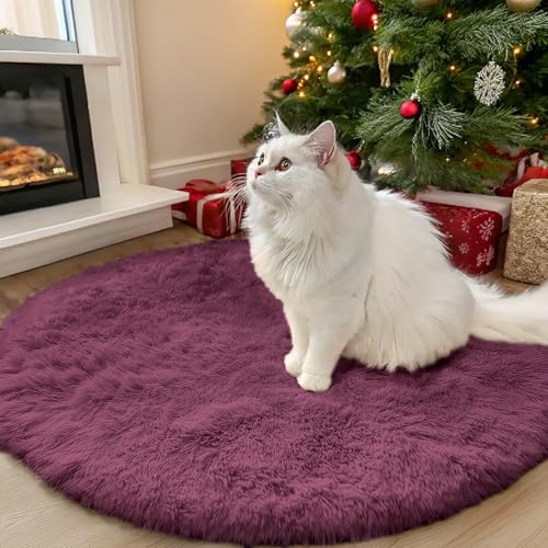 OLANLY Burgundy Round Rugs for Bedroom - Machine Washable, 3 ft Circle Area Rugs for Living Room, Soft and Fluffy Shaggy Carpet for Teen Girls and Boys, Nursery Rooms, Dorms, Home Decor Aesthetic