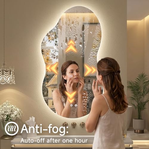 Image of Irregular Backlit Mirror with Lights 20 inchx36 inch Asymmetrical Cloud Mirror Led Bathroom Vanity Mirror for Wall Abstract (Horizontal /Vertical)
