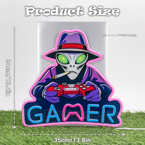 Image of Gamer Neon Sign, Gaming LED Neon Signs with UV Printed Alien for Gamer Room Decor, LED Lights for Boys Bedroom, Gaming Wall decor, Gamer Gifts for Teen Boys, Men (Alien Game)