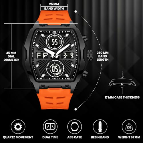 Image of V2A Impact-KUBIX 5410 Analog-Digital Watch for Men | Trendy Tonneau Shape | Bold Fashion Performance Watch with 3 Time Zones, Countdown, 50M Water Resistance, Alarm & Stopwatch