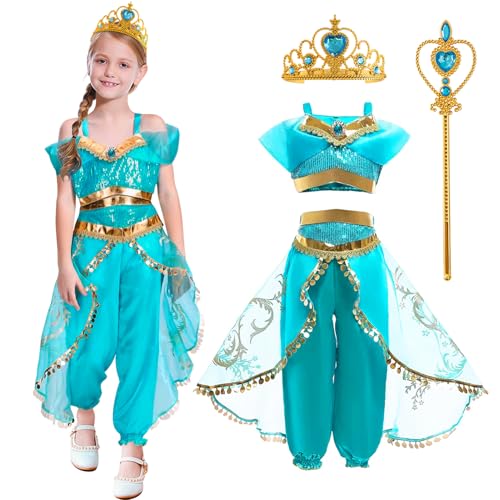 YOMIQIU Deguisement Princesse Jasmine Fille: Costume de Princesse Jasmine avec Baguette de et Couronne, Robe de Aladdin Carnaval Halloween Vêtements de fête...