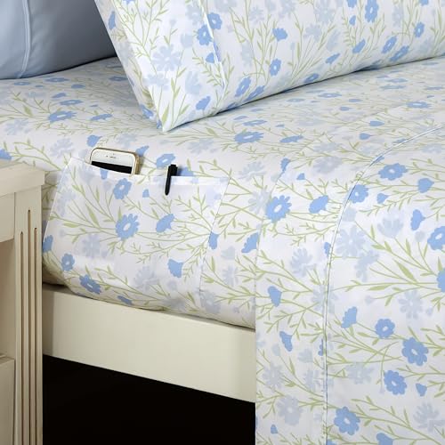 Elegant Comfort Softest and Coziest 6-Piece Sheet Set - 1500 Premium Hotel Quality Microfiber - Deep Pocket, Wrinkle Resistant 6-Piece Floral Bed Sheet Set, King, Laurel Blue