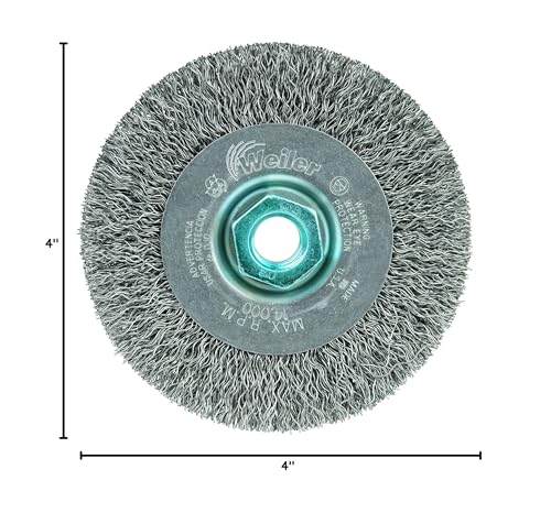 Image of Weiler 13077 4 inch Narrow Face Crimped Wire Wheel, .014 inch Steel Fill, M14 x 2.0 Nut, Made in The USA (Pack of 5)