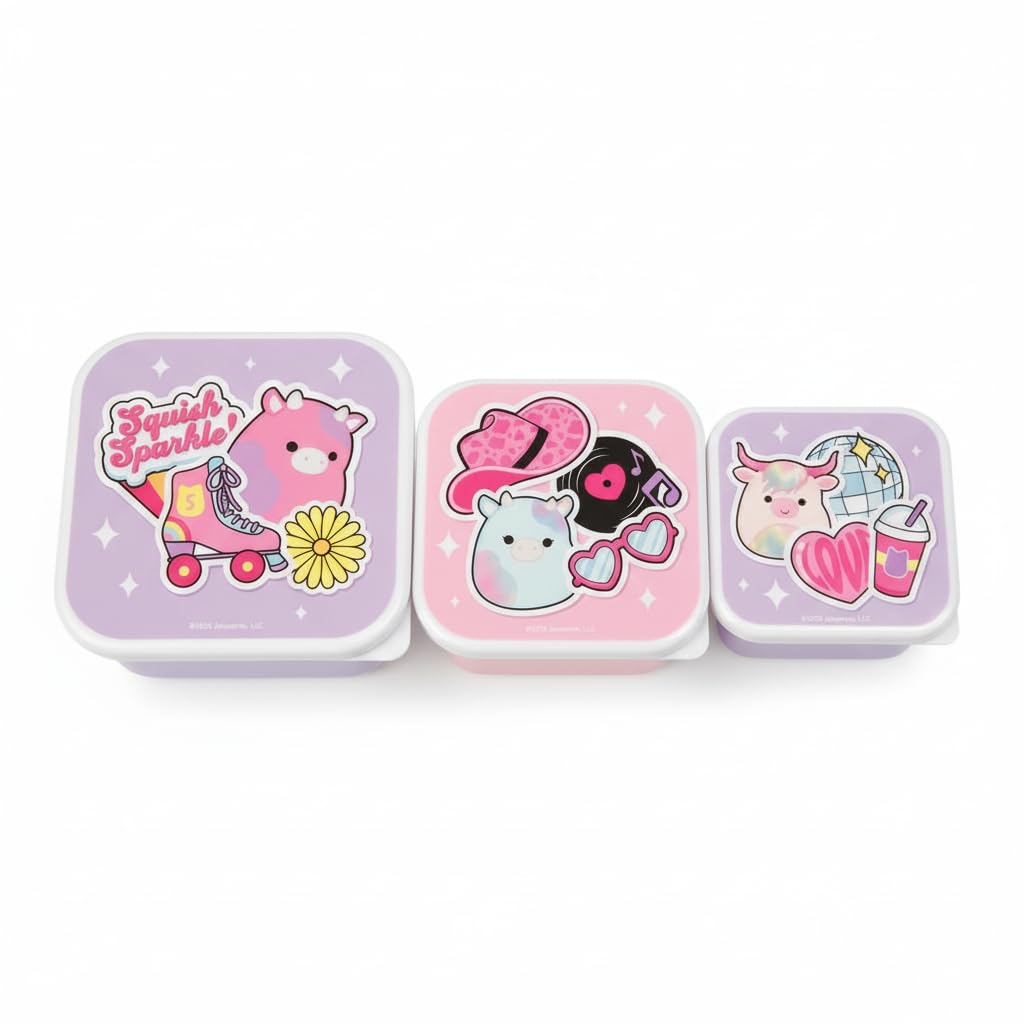 Squishmallows Nested Lunch Box Containers Set of 3 – Cute Alpaca Llama Squish Sparkle Snack Boxes with Lids, BPA Free Kids Food Storage Pots for School Lunch, Snacks & Travel