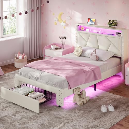 VIAGDO White Twin Bed Frames with LED Lights, Upholstered Platform