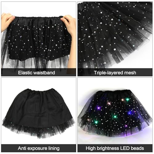 Tüllrock Mädchen Schwarz, Sterne Pailletten Tanzkleid, 30cm Dehnbaren Minirock Mit LED Lichter, kleine Mädchen Tütü Rock Ballettrock für Fasching Halloween Karneval, 3-8 Jahre Kinder Ballett Dress