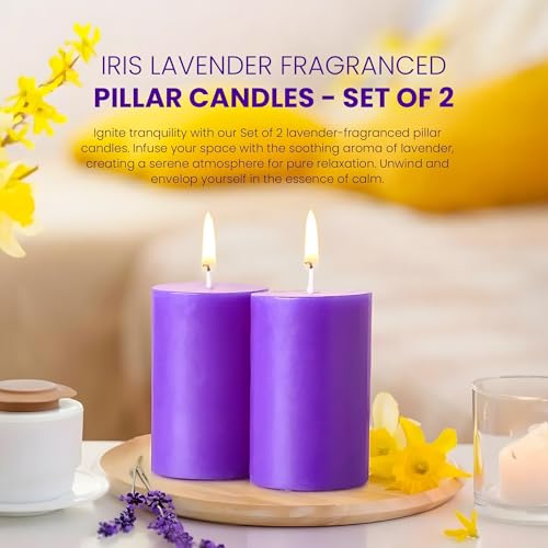 Image of IRIS Lavender Fragranced Pillar Candles | Pack of 2 | 120g Each | 2 inchx3 inch | Non-Toxic | Long-Lasting Scented Candle for Home, Bedroom & Gifting