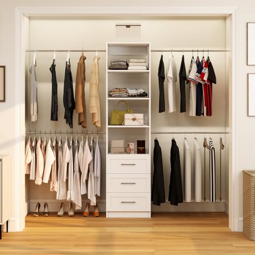 Closet-System-5FT-8FT-Closet-Organizer-System-with-4-Expandable-Hanging-Rods-and-Moveable-Shelves-99-Walk-in-Closet-System-with-3-Wooden-Drawers-Custom-Built-in-Closet-Wall-Mount-White Closet System 5FT 8FT Closet Organizer System with 4 Expandable Hanging Rods and Moveable Shelves 99 Walk in Closet System with 3 Wooden Drawers Custom Built in Closet Wall Mount White
