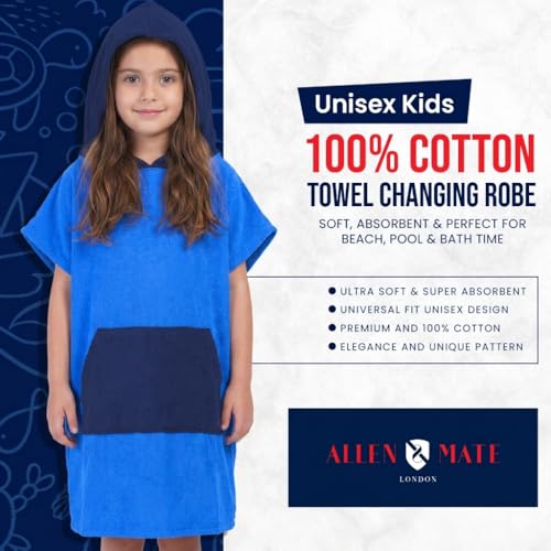 Image of ALLEN & MATE 100% Cotton Kids Hooded Surf Poncho Changing Robe, Quick Absorbent Wearable Swim Towel Boys & Girls, 6-13 Years