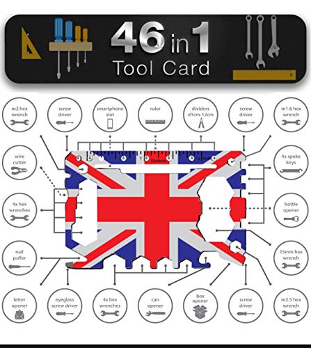 Multi Tool Card Size Gadget Wallet Set - 46 in 1 Pocket kit | Outdoor Camping Multitool Accessories | Stainless Steel | Perfect for Men British Presents | UK Union Flag - Union Jack Flag Coloured