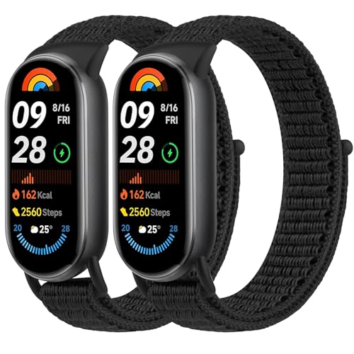Yisica 2 Stück Armband für Xiaomi Mi Band 10/Mi Band 9/Mi Band 8 Armband für Herren Damen Verstellbares Dehnbares Nylon Ersatzarmband für Xiaomi Mi Band 8/9/10 (Schwarz+Schwarz)