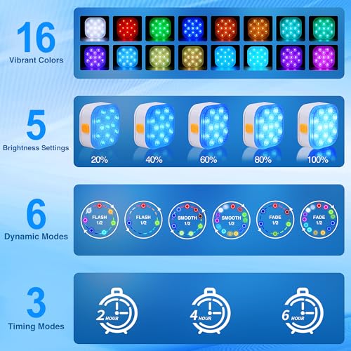 Luzes de piscina submersíveis recarregáveis com controle remoto, IP68 à prova d'água 16 luzes LED q