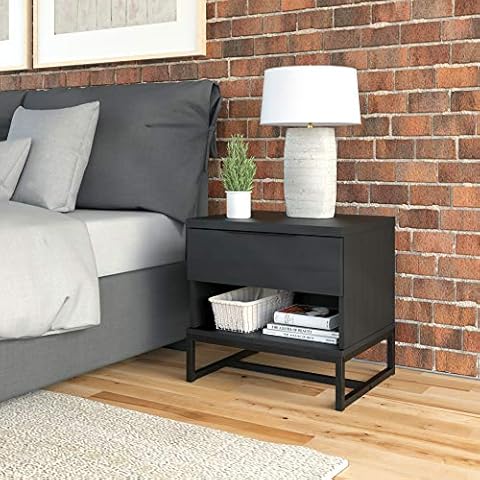 Boyd Sleep Catania One Drawer Nightstand with Open Storage Shelf: Modern Bedroom Storage Side Table, Black Cover
