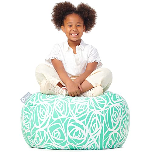 5 STARS UNITED Stuffed Animal Storage Bean Bag – Toy Storage Organizer and Bean Bag Chair for Kids Holds up to 90+ Plush Toys – Cotton Canvas Bags Cover for Boys and Girls Ages 4-11, Mint Roses