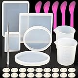 YGDZ 5pcs Big Designs Resin Molds Square Round Shape, 2pcs 100 ml Measuring No-Clean Cup Silicone Resin Glue Tools, 5pcs Mixing Spoons, 20pcs Disposable Finger Cots and 1pcs Tweezer