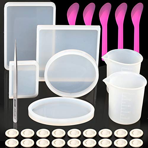 Big Coaster Molds, YGDZ 5 Pack Silicone Molds for Resin Casting, Round, Square, Rectangle, Ellipse, Small Rectangle Mold for for Epoxy Resin Art, DIY Cup Mats, Resin Measuring Cups Tool Kit