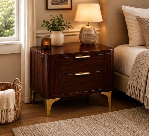 Image of Solid Sheesham Wood Bedside Table for Bedroom & Livingroom | Nightstand End Table with 2 Drawers Storage for Home | Modern & Luxury Design| (Mahoganyn Finish)