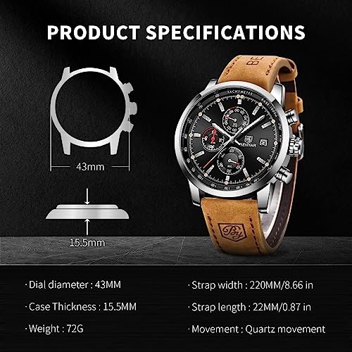 Image of BENYAR Men's Watches Chronograph Watch for Men Multifunction Black Waterproof Sport Fashion Quartz Wristwatches Calendar with Stainless Steel Strap