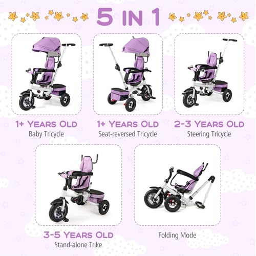image for Costzon Tricycle, 5 in 1 Toddler Bike w/Foldable Push Handle, Rotatabl