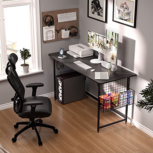 Pamray 55'' Rounded Corner Home Office Desk With Thickened Bottom Crossbar And Cable Trough & Cable Management Simple Computer Desk For Work And Gaming, Black #TOP5