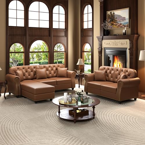 Image of KEIKI 2-Piece Chesterfield Sofa Set with 1 Faux Leather 3-Seater Sofa & 1 Loveseat Sofa, Upholstered 5-Seater Couch Set with Nailhead Trim & Rolled Arms & 1 Ottoman & 5 Pillow, for Living Room, Brown