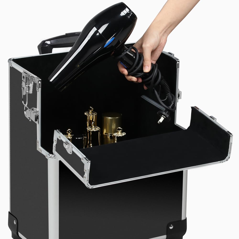 Valigetta Porta Trucchi 3 in 1 Trolley Make Up Beauty Case da Viaggio per Estetista Professionale Grande con Serratura Ruote Girevoli Nero