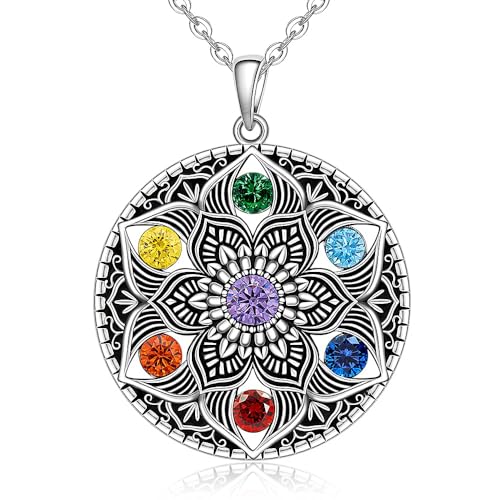 Fenthring Mandala Chakra Necklace for Women Sterling Silver Yoga Lotus Flower Necklace Pendant 7 Chakra Gifts