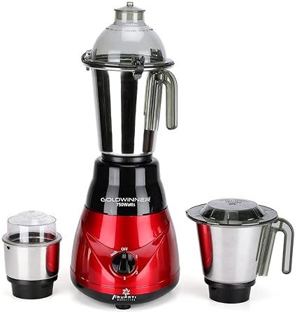Goldwinner Kiaa Hi-Tech 750W Mixer Grinder with 3 SStainless Steel Jars (1 Wet Jar, 1 Dry Jar and 1 Chutney Jar), Black-RED.Make in India(ISI Certified)