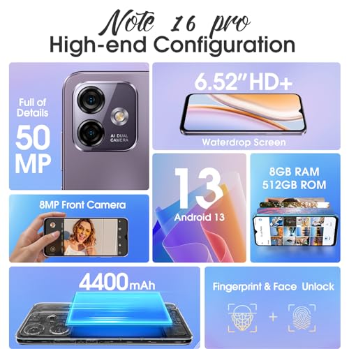 Ulefone Note 16 Pro (16+512GB) Unlocked Cell Phones, Android 13 Unlocked Smartphone, 50MP Main Camera, 6.52” HD+ Waterdrop Screen, 8-Core Processor, 4400mAh Battery, Dual 4G Unlocked Cell Phone-Blue