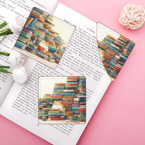 Image of Set of 2 Cute Cat Reading Bookmarks 3.54x3.54in Leather Square Book Markers Colorful Bookshelf Kitten Gift for Women Book Lovers Spring