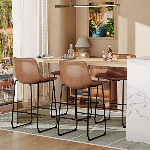 Yafiti 24 Inch Bar Stools Set Of 2, Modern Bar Height Barstools, Faux Leather Barstools With Back And Metal Leg, Armless Tall Bar Dining Chairs For Kitchen Island Counter, Brown #TOP2