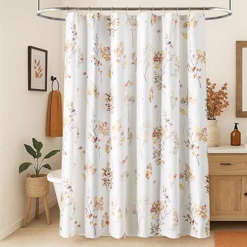 Lino Rosa Shower Curtain for Bathroom Terracotta Rust Burnt Orange Color Fabric Boho Farmhouse Rustic Floral Leaves Theme Shower Curtains Set with Hooks 72x72 Inch