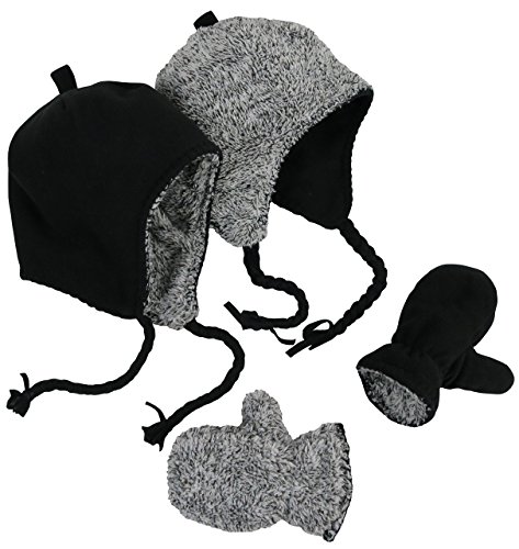 N'Ice Caps Little Kids and Infants Reversible Hat and Mittens Fleece Skater Set (2-3 Years, Black Solid/Black-Grey Sherpa Reversible)